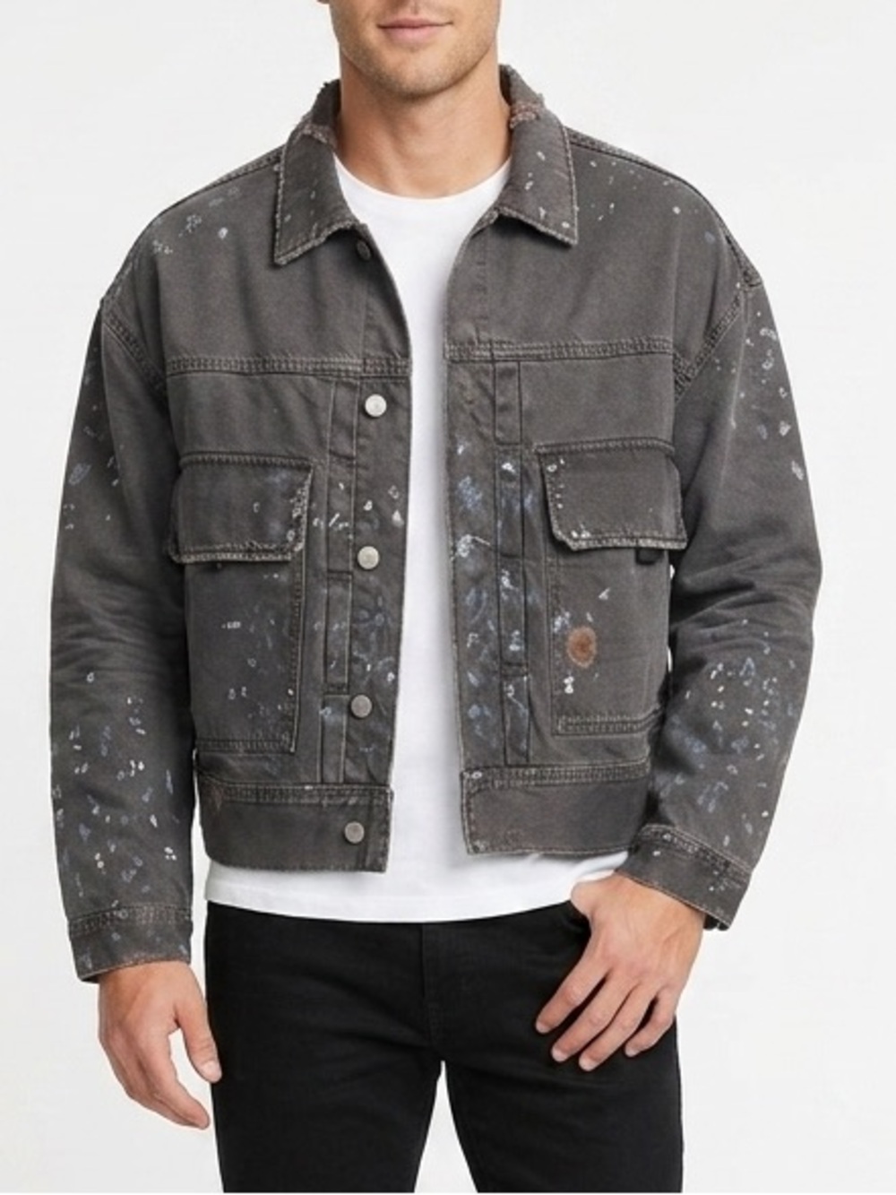 New Hudson Grey Splatter Denim Trucker Jacket Jean Sz M